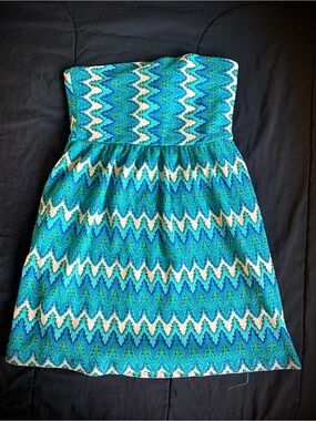 Strapless Wave-Print Sundress in Aqua & Teal